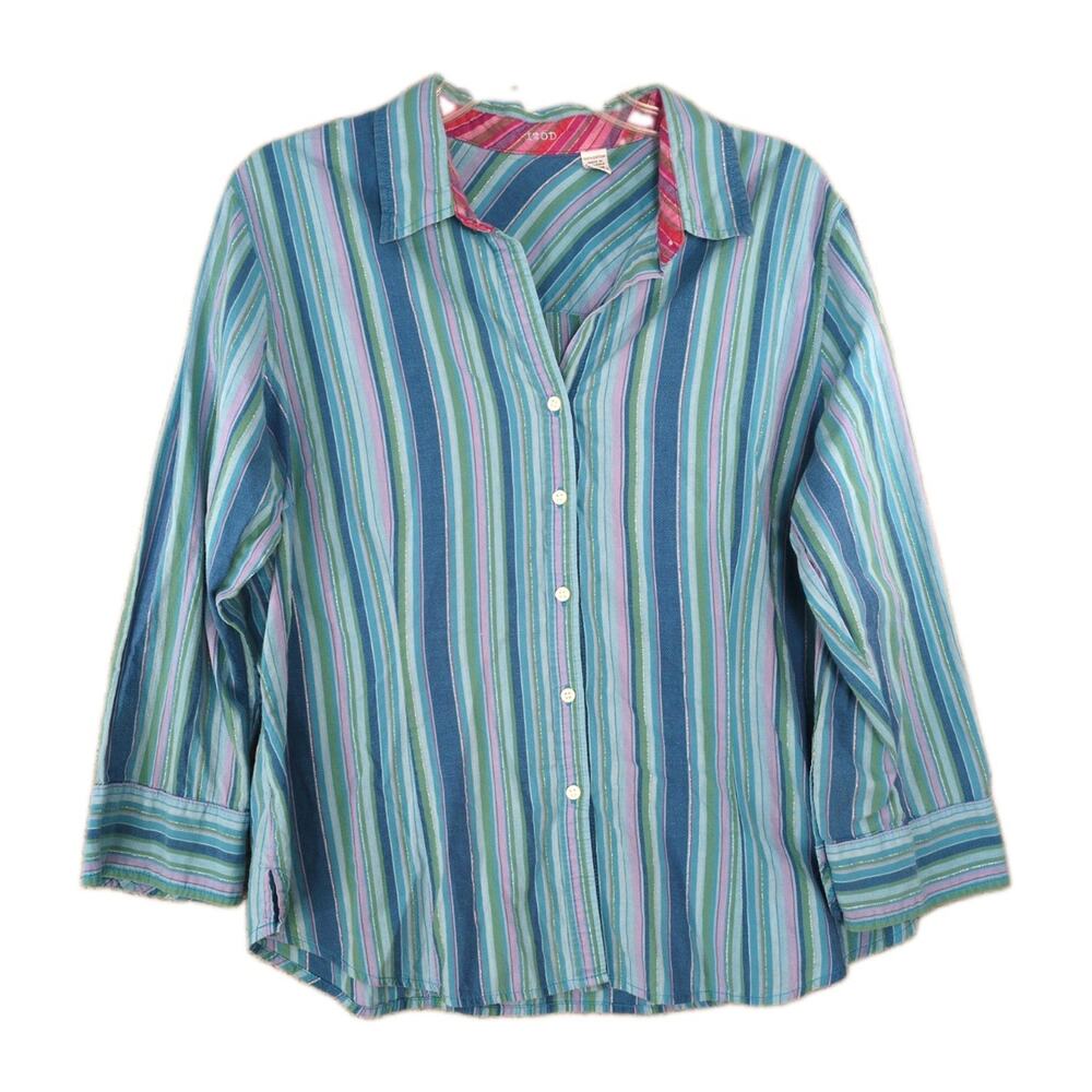 Vintage IZOD Cotton Women's Button Down Shirt Size XL Long Sleeve Blue Striped